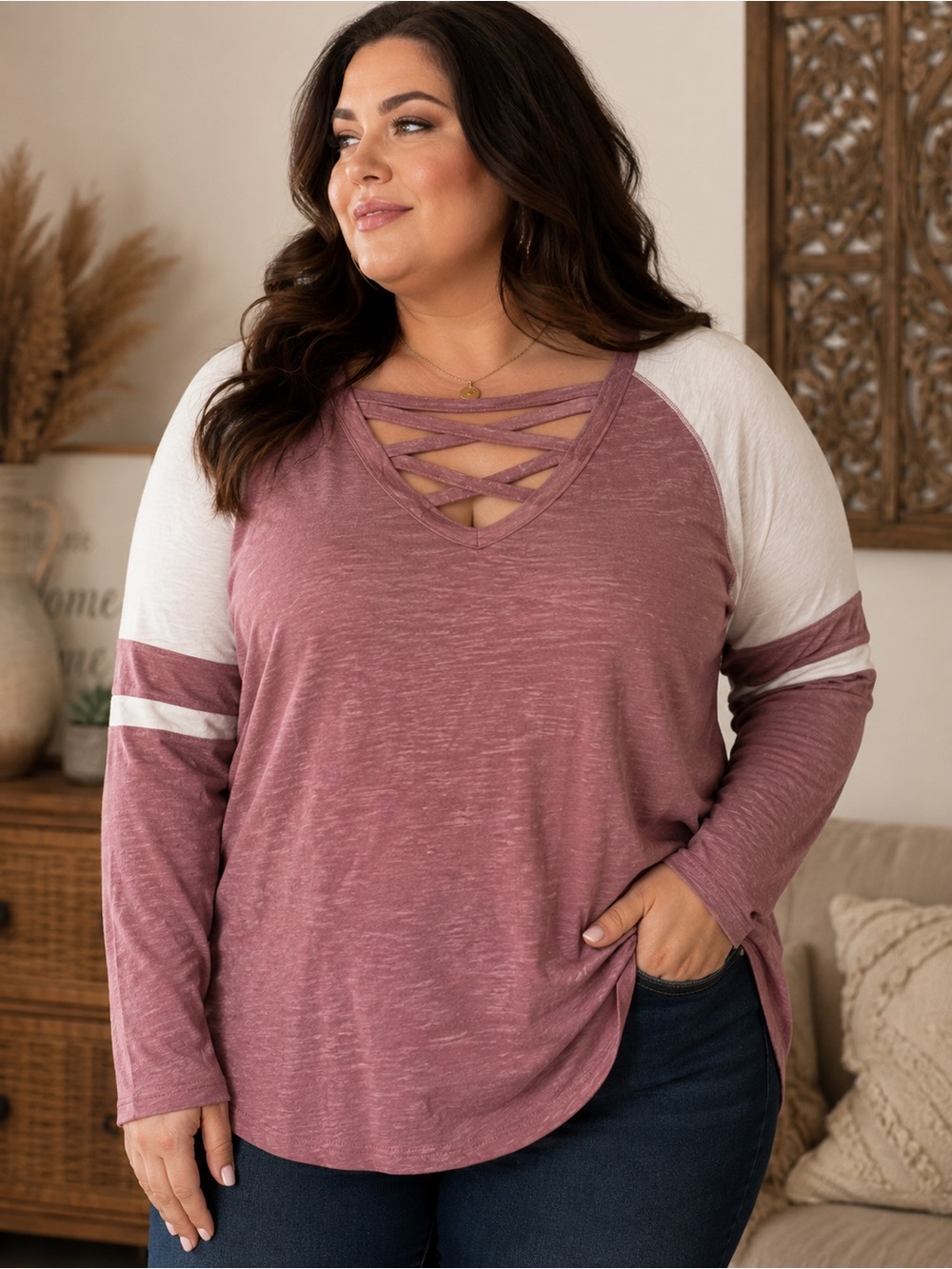 NWT Moral Fiber Long Sleeve Top V Neck 3X Rose Pink Mauve Colorblock